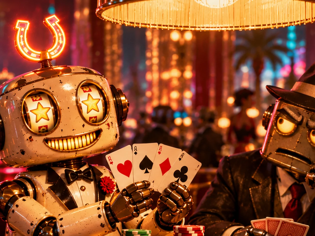 The robot at a poker table holding his cards facing outward, a mountain of chips in front of him