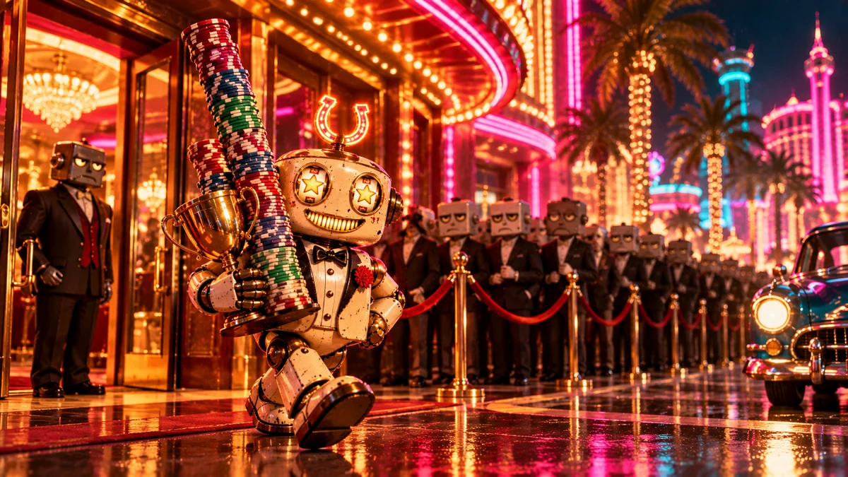 The robot walking out of a casino with a tower of chips and a trophy, past a long line of gloomy robots